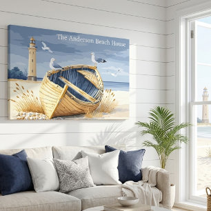Aangepaste vuurtoren roeiboot kust strandhuis canvas afdruk