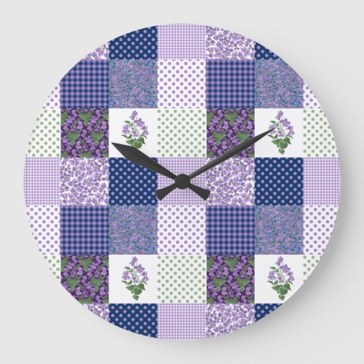 Aangepaste wandklok, faux-patchwork viooltjes patr grote klok (Voorkant)