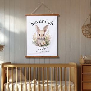 Aangepaste Waterverf Baby Bunny Naam & Geboortedat Hangend Wandkleed