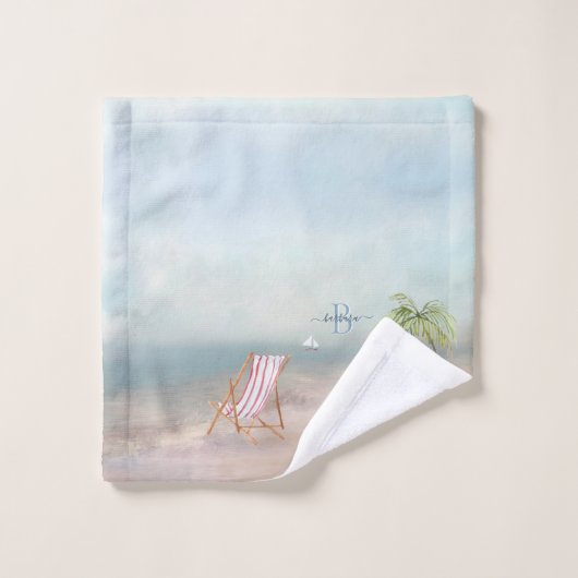 Aangepaste Waterverf Beach Scene Monogram naam Bad Handdoek (Wasdoekje)