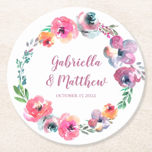Aangepaste Waterverf bloemen Modern Elegant Weddin Ronde Kartonnen Onderzetter (Voorkant)