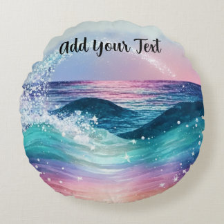 Aangepaste Waterverf Blue Ocean Wave Foto met Naam Rond Kussen