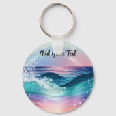Aangepaste Waterverf Blue Ocean Wave Foto met Naam Sleutelhanger (Voorkant)