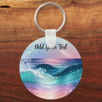 Aangepaste Waterverf Blue Ocean Wave Foto met Naam Sleutelhanger