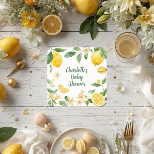 Aangepaste Waterverf Citroenbloesem Baby Shower Vierkante Kartonnen Onderzetter