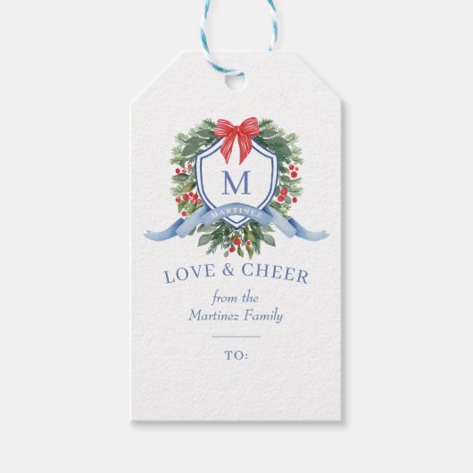 Aangepaste Waterverf Crest met Winter Greenery & B Cadeaulabel (Voorkant)