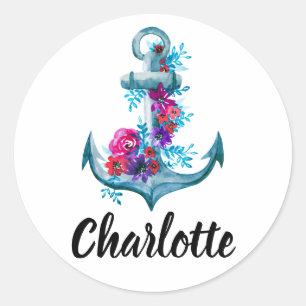 Aangepaste Waterverf Floral Anchor Illustratie Ronde Sticker