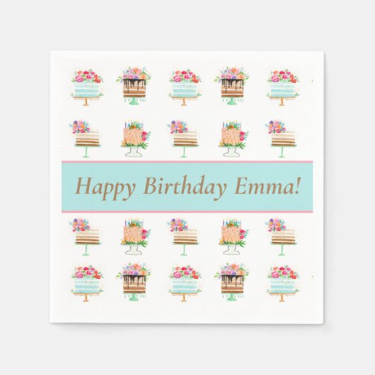 Aangepaste Waterverf Floral Birthday Cake Servet (Voorkant)
