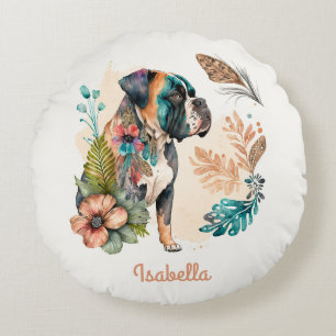 Aangepaste Waterverf Floral Boho Bulldog Rond Kussen