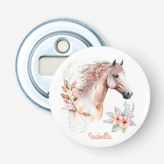 Aangepaste  Waterverf Floral Boho Horse Button Flesopener (Voorkant)