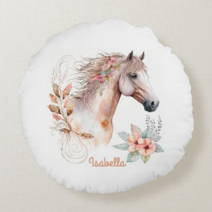 Aangepaste Waterverf Floral Boho Horse Rond Kussen