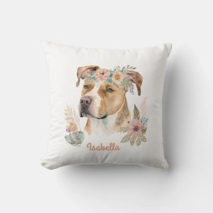 Aangepaste Waterverf Floral Boho Pitbull Dog Kussen