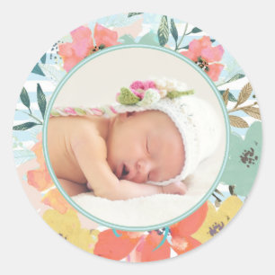 Aangepaste  Waterverf Floral Foto Lijst Ronde Sticker