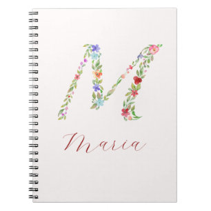 Aangepaste Waterverf Floral Monogram Letter M Notitieboek