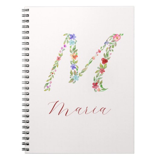 Aangepaste Waterverf Floral Monogram Letter M Notitieboek (Voorkant)