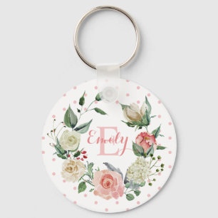Aangepaste Waterverf Floral Monogram roze Rose Sleutelhanger