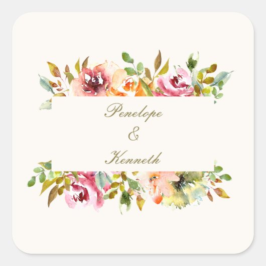 Aangepaste Waterverf Floral Wedding Vierkante Sticker (Voorkant)