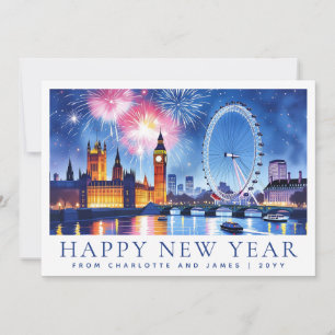Aangepaste waterverf Gelukkig Nieuwjaar Londen Vuu Feestdagenkaart