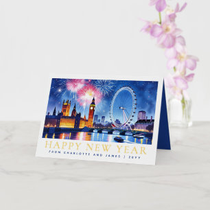Aangepaste waterverf Gelukkig Nieuwjaar Londen Vuu Folie Feestdagenkaart