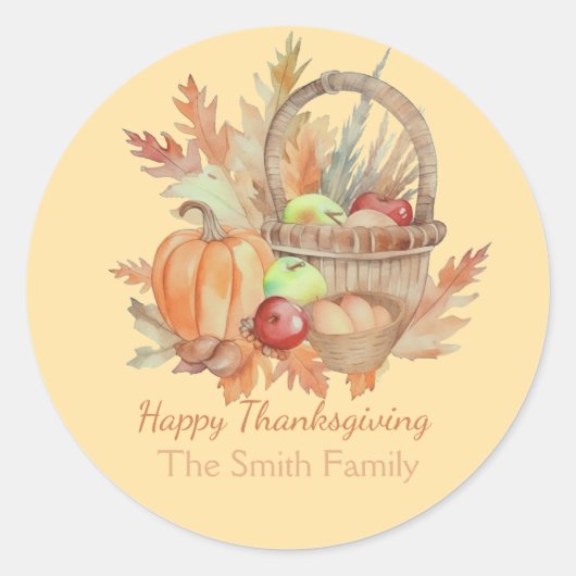 Aangepaste Waterverf Happy Thanksgiving Basket Ronde Sticker (Voorkant)