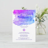 Aangepaste Waterverf Paars Blauw Bat Mitzvah Kaart (Staand voorkant)
