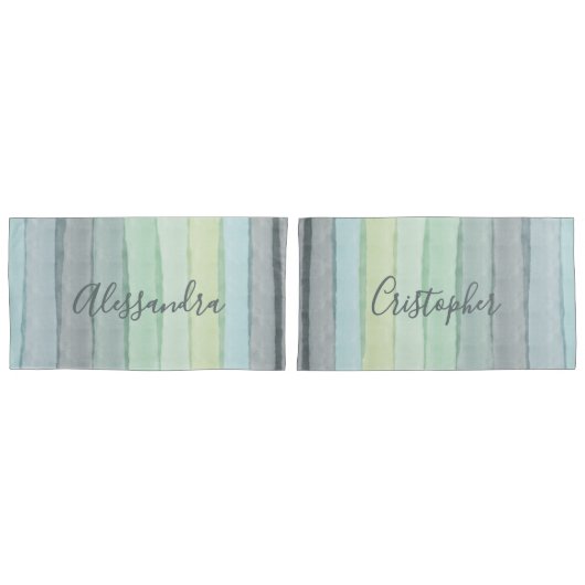 Aangepaste Waterverf Pastel Retro Stripes Blauw Gr Kussensloop (Voorkant-Set)