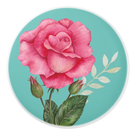 Aangepaste Waterverf Roze Rose Floral Turquoise Keramische Knop (Voorkant)