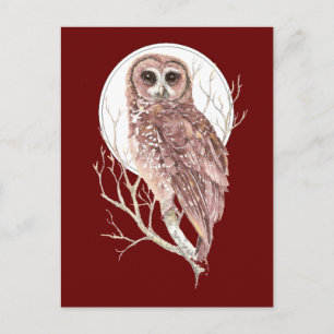 Aangepaste Waterverf Uil in Boom, Maan, Vogel, Nat Briefkaart