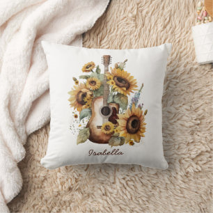Aangepaste Waterverf Zonnebloemen Gitaar Bloemen Kussen