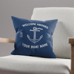 Aangepaste Welkom Aan Boord Bootnaam Navyblauw Kussen