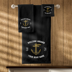 Aangepaste Welkom Aboard Bootnaam Zwart & Goud Bad Handdoek