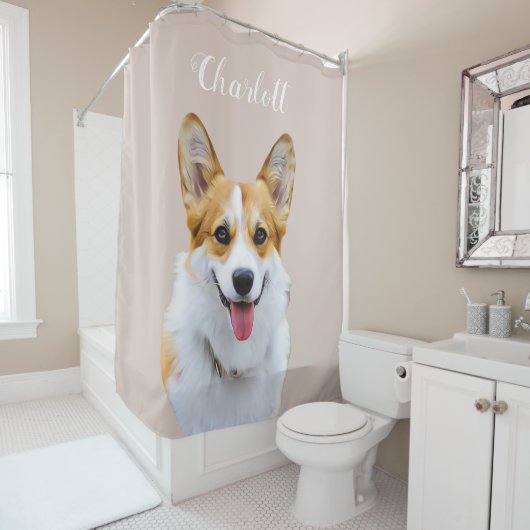 Aangepaste Welsh Corgi Dog Gepersonaliseerd Tekene Douchegordijn (In situ)