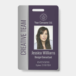 Aangepaste Werknemersfoto Bar Code Logo Naam Paars Badge