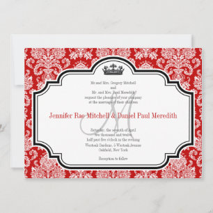 Aangepaste White Damask Red Black Wedding-uitnodig Kaart