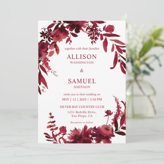 Aangepaste White Maroon Red Crimson bruiloft Kaart (Staand voorkant)