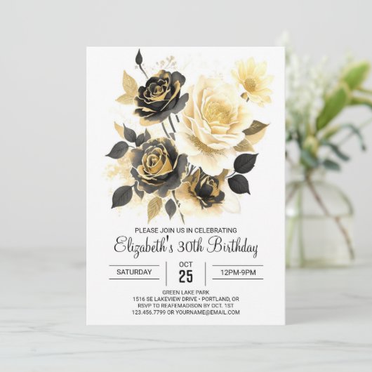 Aangepaste Wildbloemen Goud en Zwart 30e verjaarda Kaart (Staand voorkant)