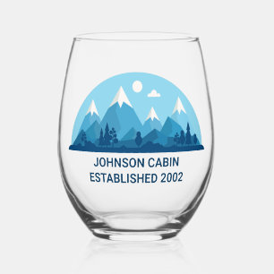 Aangepaste Winter Family Cabin Blue Snowy Mountain Wijnglas Zonder Voet