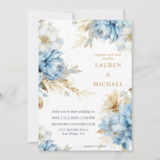 Aangepaste Wit Blauw en Goud Bloemen Bloem Huwelij Kaart (Voorkant)