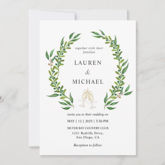 Aangepaste Witte Groene Waterverf Greenery Wedding Kaart (Voorkant)