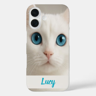 Aangepaste Witte Kat Telefoonhoes met Blauwe Ogen iPhone 16 Hoesje