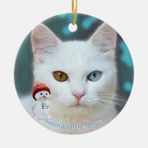 Aangepaste witte kattenfoto met leuke sneeuwman keramisch ornament