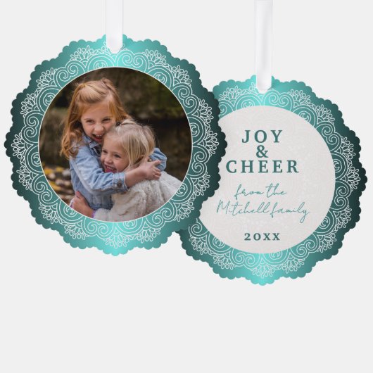 Aangepaste witte Mandala krans op Ocean Blue Ornament Kaart (Voorkant / Achterkant)