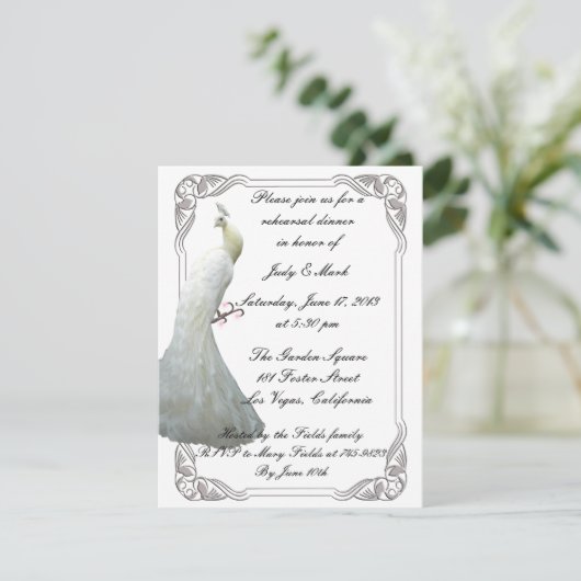 Aangepaste witte pauw repetitie diner uitnodiging (Staand voorkant)