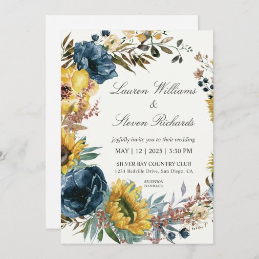 Aangepaste Witte Zonnebloemen en Blauwe Krans brui Kaart (Voorkant / Achterkant)