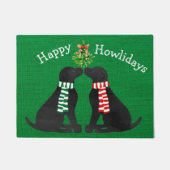 Aangepaste Xmas Black Labs Mistletoe Green Burlap Deurmat (Voorkant)