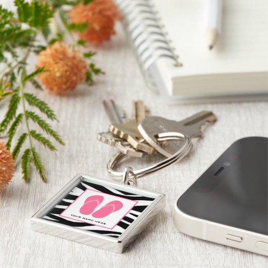 Aangepaste Zebra Print & Roze Teenslippers Sleutelhanger (Zijkant)