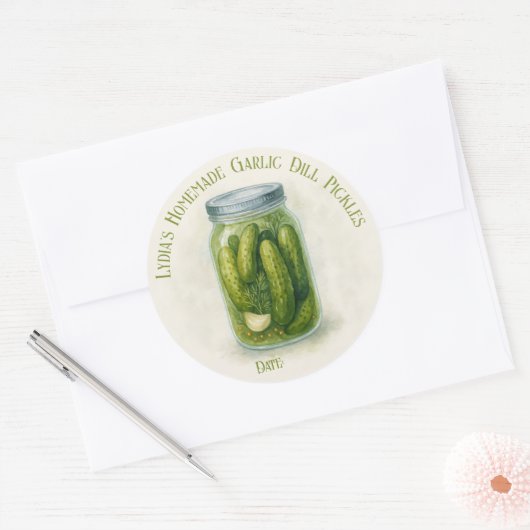 Aangepaste zelfgemaakte knoflookdille augurken ronde sticker (Envelop)