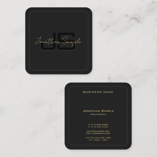 Aangepaste zwart en goud Elegant Monogram Initiaal Vierkante Visitekaartje (Voorkant / Achterkant)