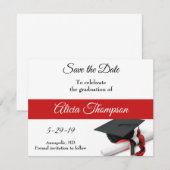 Aangepaste zwart-wit en rode klep en tassel save the date (Voorkant / Achterkant)