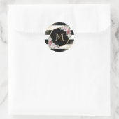Aangepaste zwart-wit gouden roze bloemige monogram ronde sticker (Tas)